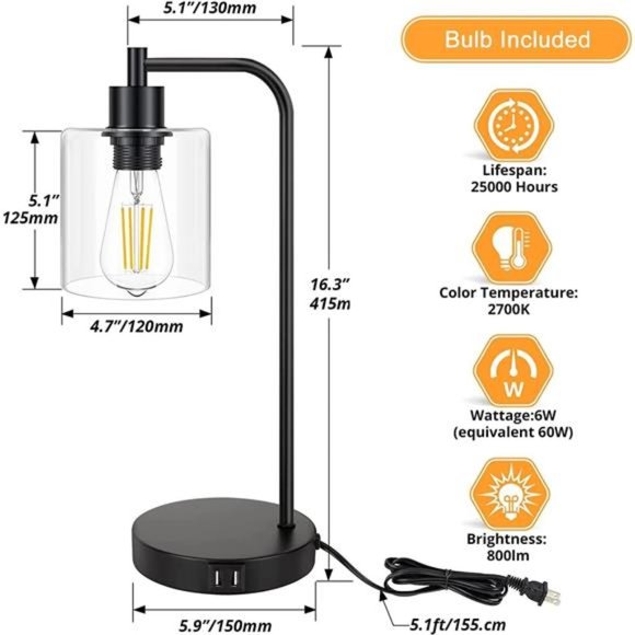 2-Pack Industrial Touch Control Table Lamp, 3 Way Dimmable 2 USB Charging Ports - Picture 3 of 5